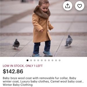 Baby boys wool coat with removable fur collar, Baby winter coat, Luxury baby